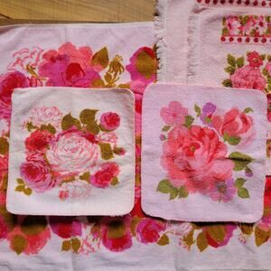 Vintage Cannon Pink Floral Bath Towel Washcloth Set - 5 pieces
